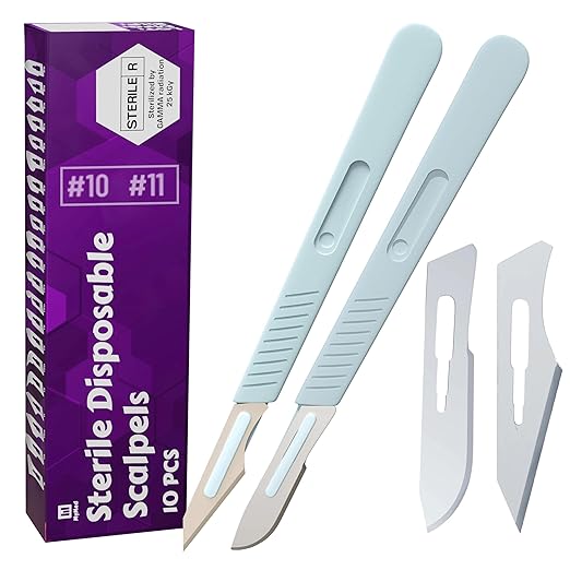Disposable Scalpel #10 and #11 Scalpel Blades, Pack of 10 Dermaplaning Blades w. Plastic Handle, Carbon Steel Dermablade Blades Individually Wrapped 5x10 Blade and 5x11 Blade, Sterile