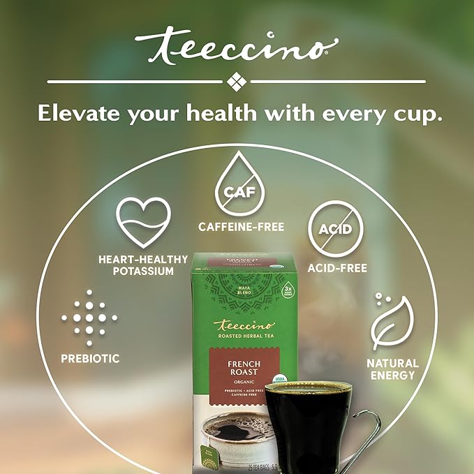 Teeccino French Roast Herbal Tea - Rich & Roasted Herbal Tea That’s Caffeine Free & Prebiotic for Natural Energy, Coffee Alternative, 25 Tea Bags