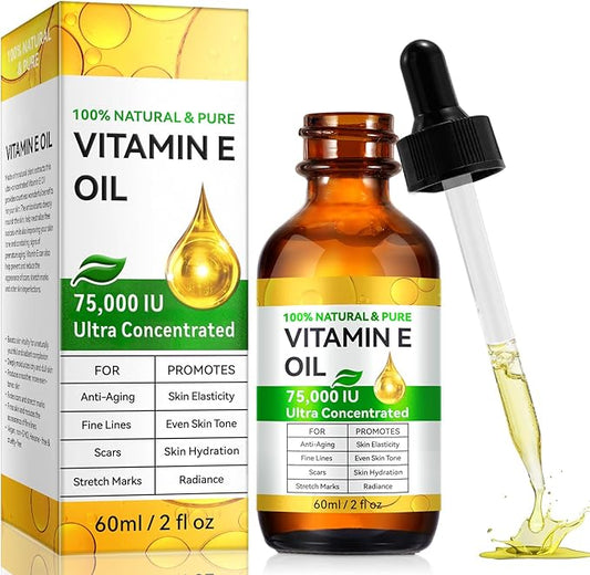 Pure Vitamin E Oil for Skin Blend 75,000 IU, Natural Organic Vitamin E oil for Scars, Hair & Face (2 Fl Oz) - Non GMO, Cold Pressed, Cruelty Free Skin Repair & Moisturizing Solution, Easy to Absorbed