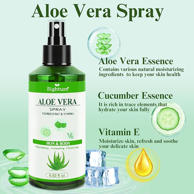 Aloe Vera Spray from Freshly Cut Pure Aloe, Aloe Vera Spray for Skin& Hair, Aloe Vera Spray for Sunburn Relief, 6.93oz, Absorbs Rapidly, Infused wirh Cucumber Essence