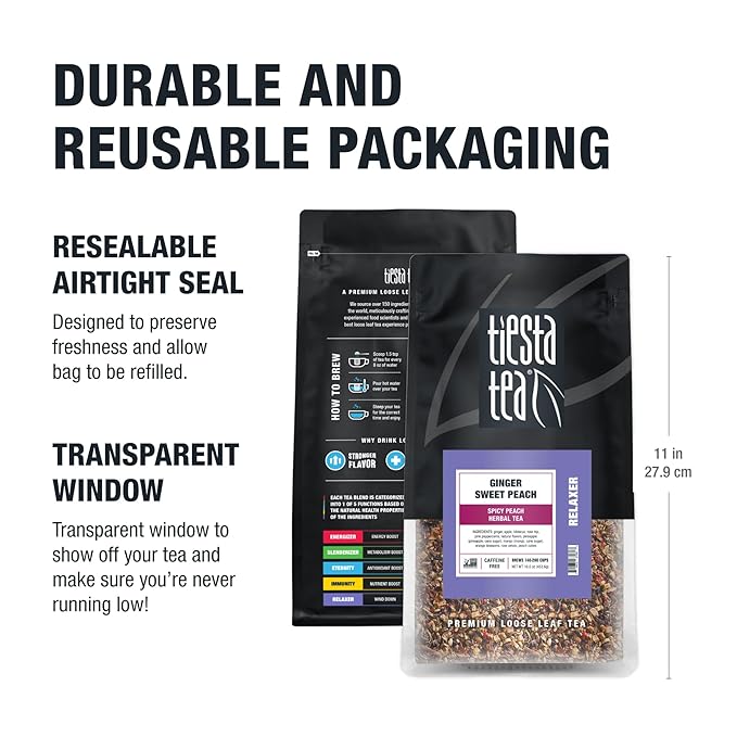 Tiesta Tea - Ginger Sweet Peach, Spicy Peach Herbal Tea, Tranquility Blend | Loose Leaf | Non-Caffeinated Hibiscus & Cane Sugar | Brews Up to 200 Cups | 16oz Bulk Pouch
