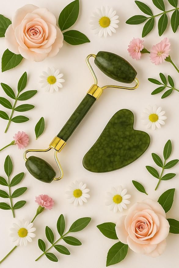 Jade Massage Roller & Gua Sha Tools Set – Natural Facial & face Massager for Relaxation, Blood Circulation,Green