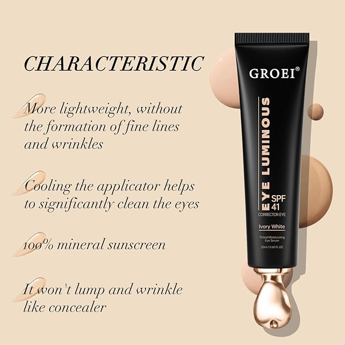 Luminous Eye Corrector Spf 41,Under Eye Corrector For Dark Circles,Undereye Sunscreen & Concealer, Hydrating Serum, Anti Aging Tinted E ye Cream with Peach Undertone