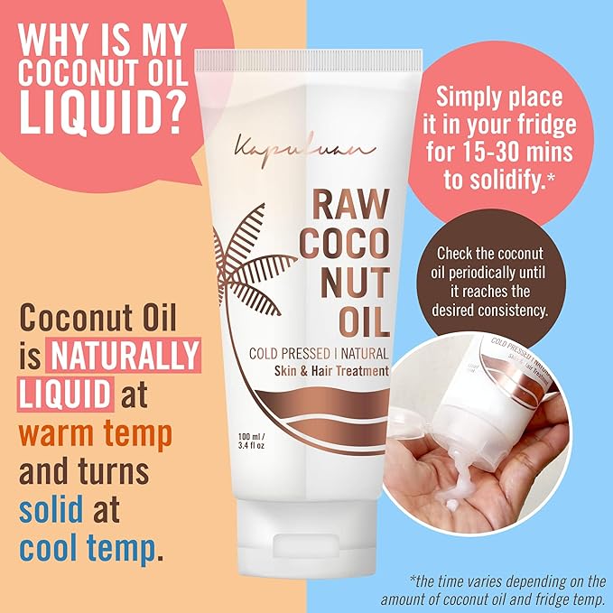 Pure Coconut Oil for Hair, Skin - Raw Extra Virgin Coconut Oil - Pure Unrefined Cold Pressed Oil with MCTs for Body Care or Haircare, Hair Growth, Aceite de Coco Natural, 100ml