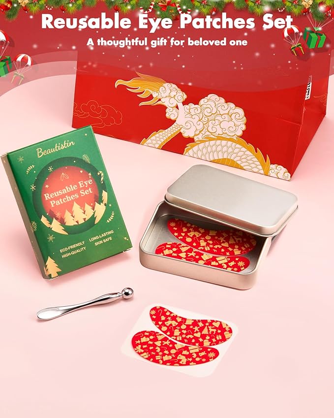 2 Pairs Reusable Under Eye Wrinkle Patches Silicone Mask, Plump Fine Lines & Wrinkles, with Metal Eye Cream Applicator, Tin Case, Christmas Red