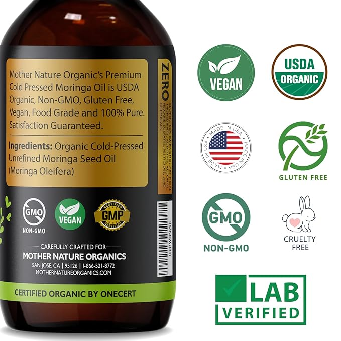 Moringa Oil - USDA Certified Organic, 100% Pure, Cold Pressed & Unrefined Gluten Free Oil (2oz) - Natural Moisturizer for Skin, Face, Body & Hair - Non-GMO & Vegan