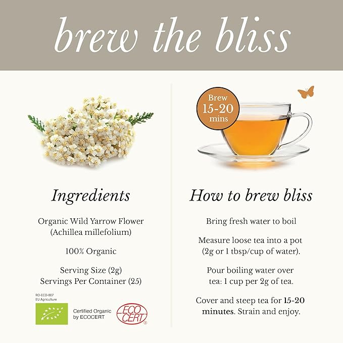 Wild Bliss Organic Yarrow Tea - Caffeine Free Loose Leaf Herbal Tea - Pharmacopoeia Potency - 1.76 Ounces - 25 Servings