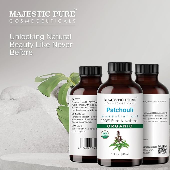 Majestic Pure Organic Patchouli Essential Oil - 100% Pure Patchouli Oil for Aromatherapy, Massage & Topical Uses, Perfect for Diffuser & Essential Oil Diffuser - 0.3 Fl Oz 10 ml.