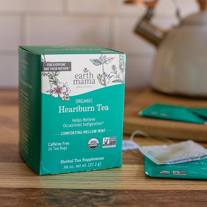 Earth Mama Organic Heartburn Tea | Pregnancy-Safe Soothing Herbal Blend with Marshmallow Root, Lemon Balm & Chamomile, 16 Teabags Per Box (2-Pack)