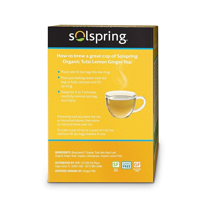 Dr. Mercola Solspring Organic Tulsi Lemon Ginger Herbal Tea, 18 Tea Bags, Naturally Caffeine Free, USDA Organic, Organic Demeter Certified