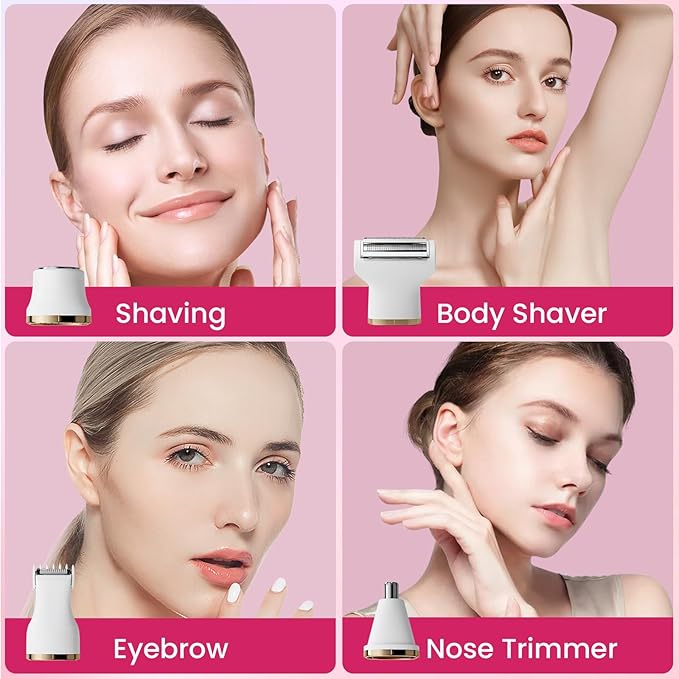 Electric Razors for Women, 5-in-1 Wet/Dry Bikini Trimmer with USB Charge Dock, Deluxe Facial Hair Removal, Wet/Dry Body Shaver for Nose Eyebrows Beard Underarm Leg Arm, IPX7 Waterproof (White)