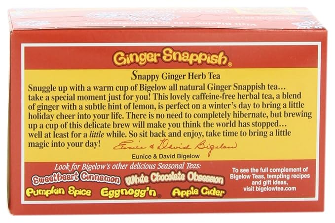 Bigelow Ginger Snappish Herbal Tea Bags, 18 Count Box (Pack of 6) Caffeine Free Herbal Tea, 108 Tea Bags Total