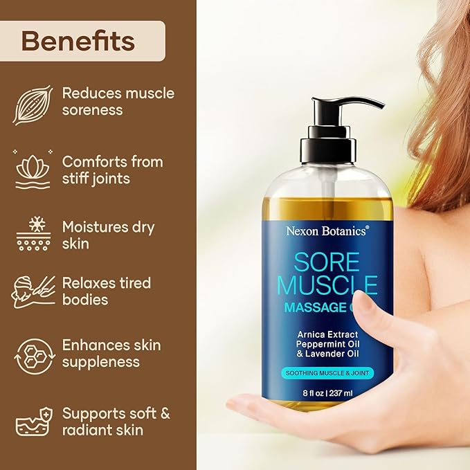 Sore Muscle Massage Oil 8 fl oz - Arnica Massage Oil for Therapy & Pain Relief - Peppermint & Lavender for Body & Muscle Relaxation - Nexon Botanics