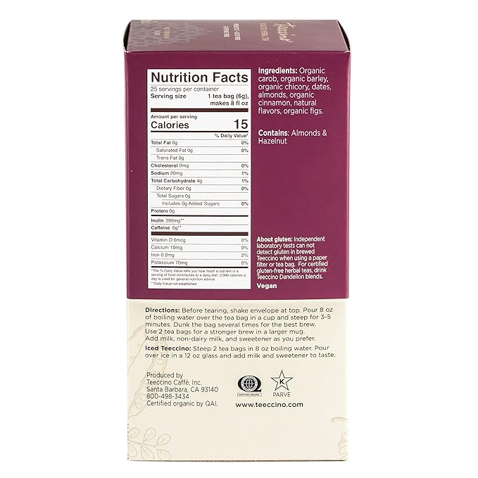 Teeccino Snickerdoodle Herbal Tea - Dessert Beverage That’s Prebiotic, Caffeine-Free & Acid Free, 25 Tea Bags