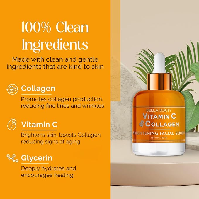 Bella Beauty Vitamin C Serum with Collagen - Dark Spot Reduction, Skin & Anti-Aging - Dermatologist Tested, Cruelty-Free Korean Skin Care for All Skin Types - 1.69 Fl. Oz