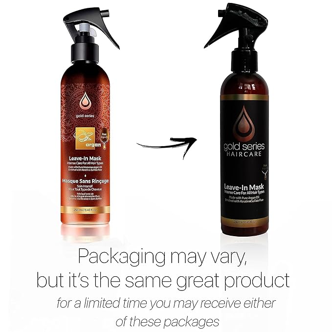 Gold Series Leave-In Hair Mask – Argan Oil Hair Mask Enriched with Keratin – Nourishing and Gently Detangling Leave In Conditioner Spray For Curly Frizzy or Damaged Hair, 8.4 Fl.oz