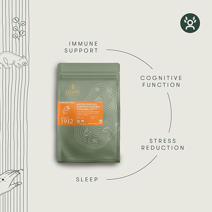 Luxmi Estates Astounding Ashwagandha Root Loose Tea 250g Pack | Certified USDA Organic Herbal Tea For Stress Support | With Turmeric, Ginger, Lemongrass & More | 125 Cups