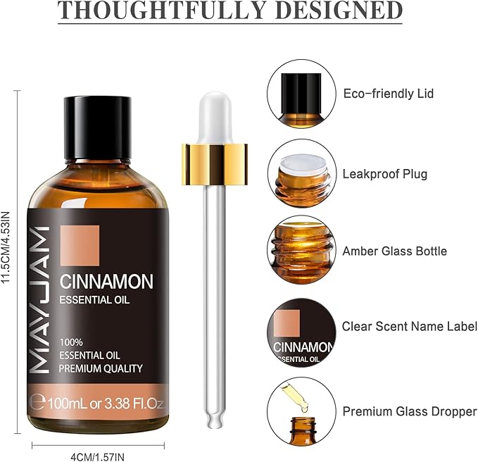 Cinnamon Essential Oil, MAYJAM Pure Essential Oils, 3.38FL.OZ Cinnamon Oil, Perfect for Diffusers Aromatherapy