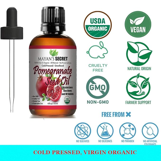 Mayan's Secret USDA Certified Organic Pomegranate Seed Oil for Skin Repair -Large 4oz Glass Bottle Cold Pressed and Pure Rejuvenating Oil for Skin, Hair and Nails