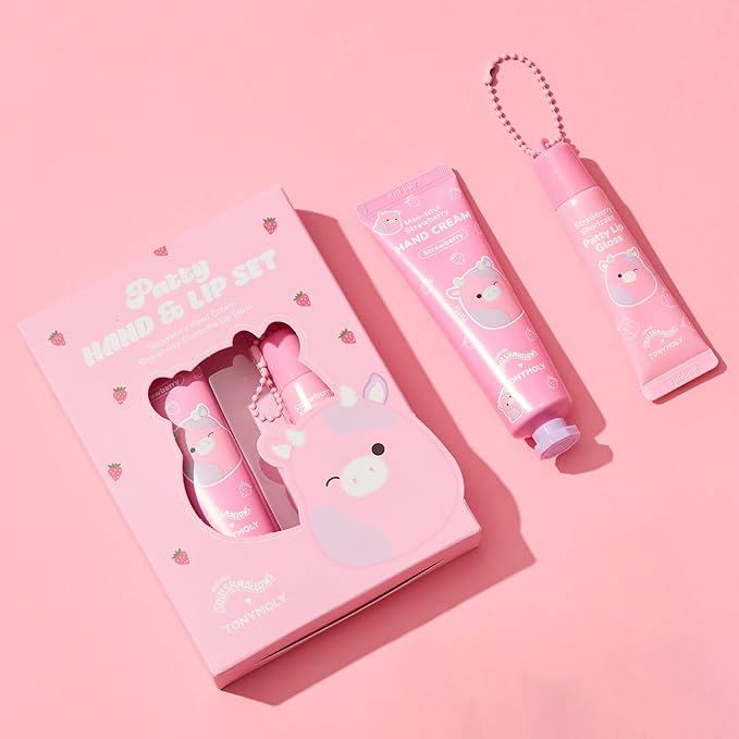 TONYMOLY x Squishmallow Patty the Cow 2 PC Hand Cream & Lip Gloss Set, Strawberry Hand Cream, Strawberry Shortcake Lip Gloss