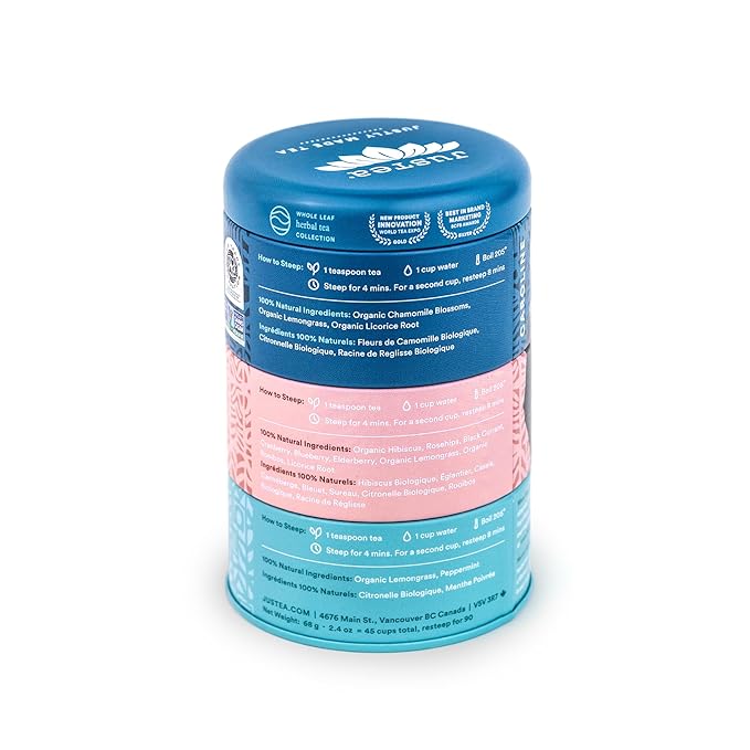 JusTea Herbal Tea Trio | Stacking Tins Variety Pack with Hand Carved Tea Spoon | Loose Leaf Tea | Caffeine Free | Award-Winning | Fair Trade | Non-GMO