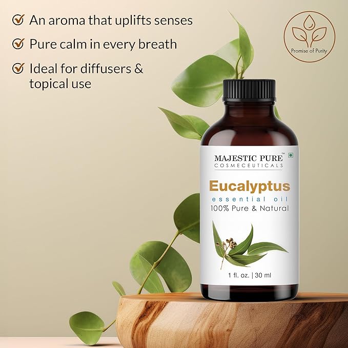 Majestic Pure Eucalyptus Essential Oil - 100% Pure Eucalyptus Oil for Aromatherapy, Massage & Topical Uses, Perfect for Diffuser & Essential Oil Diffuser - 1 Fl Oz