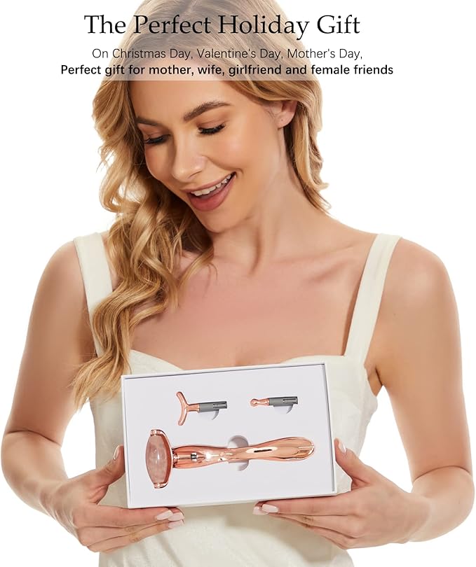 I·B·N G Jade Face Roller, Facial Rollers for Women, Face Massage Skin Care Beauty Tools with 3 Interchangeable Heads (Pink+Rose)