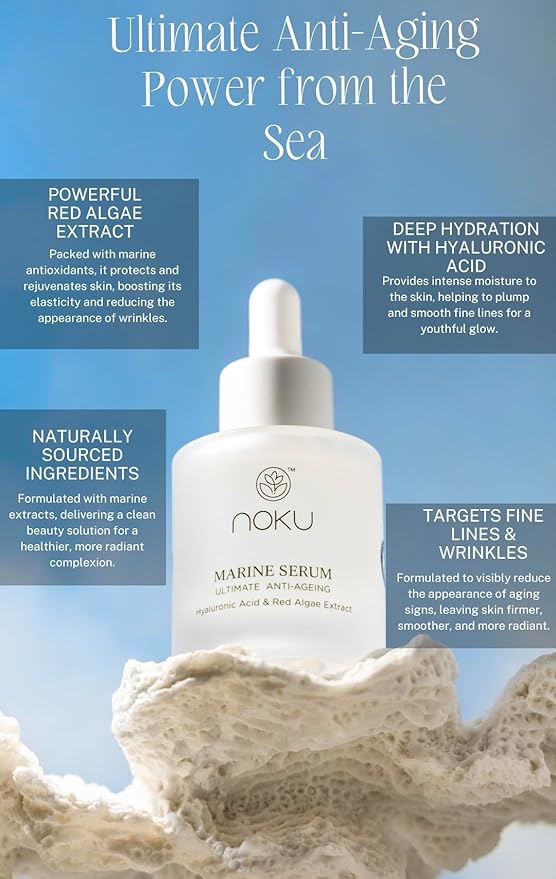 Noku Marine Serum – Red Algae, Hyaluronic Acid & Vitamin C | Anti-Aging, Firming & Deep Hydration | Vegan, Cruelty-Free, Clean Skincare for Glowing Complexion (30ml)