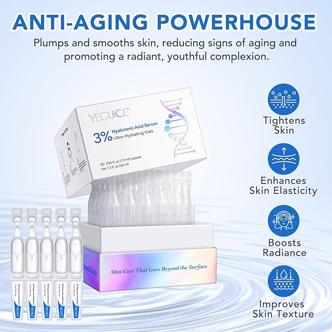 Hyaluronic Acid Serum for Face - 3% Pure Hyaluronic Acid, Hydrating Face Serum for Women & Men, Anti-Aging Skin Care for Hydration & Glow (1.2 ML x 30 PCS)