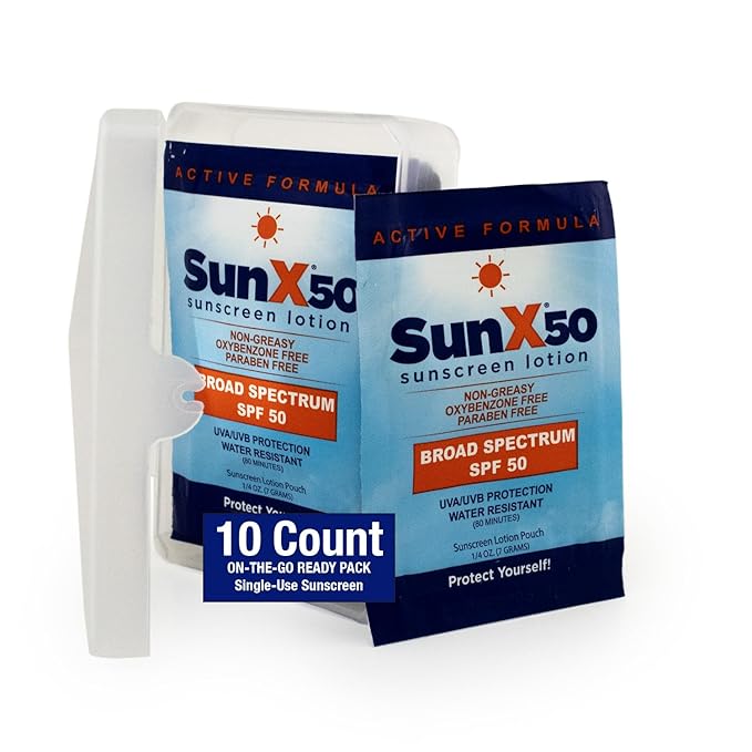 CoreTex Sun X 50 SPF Individual Sunscreen Packets Travel Size (10ct. with Carrying Case) - Free of Parabens, Oxybenzone, Octinoxate - Broad Spectrum (UVA/UVB) Sunscreen - Water Resistant up to 80 Min.
