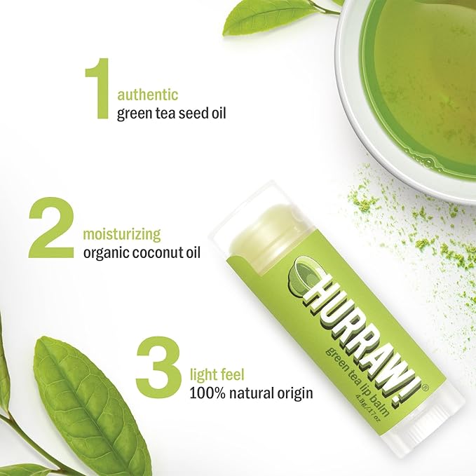 Hurraw! Green Tea Lip Balm, 2 Pack: Organic, Certified Vegan, Cruelty and Gluten Free. Non-GMO, 100% Natural Ingredients. Bee, Shea, Soy and Palm Free. Made in USA