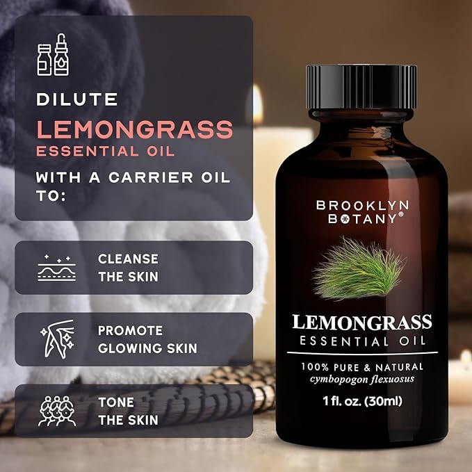 Brooklyn Botany Lemongrass Essential Oil – 100% Pure and Natural – Premium Grade Oil with Dropper - for Aromatherapy and Diffuser - 1 Fl Oz