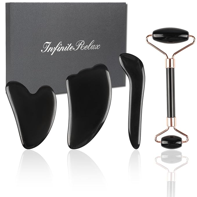 Natural Jade & Obsidian Gua Sha Set of 4 - Premium Face Sculpting Tools Eyes Roller Massager Jade Roller for Jawline, Double Chin Reduction & Lymphatic Drainage Women's Anti-Aging Skincare Kit