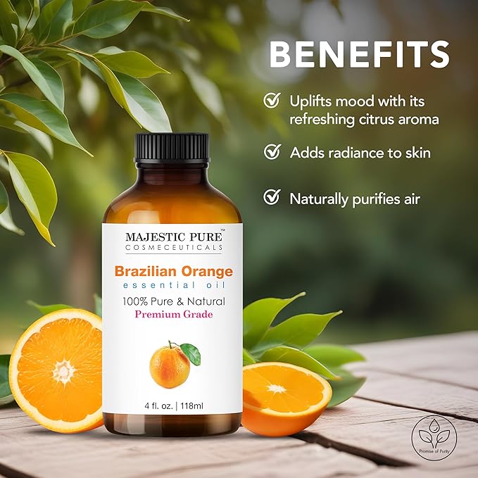 MAJESTIC PURE Brazilian Orange Essential Oil | 100% Pure and Natural | Premium Grade Essential Oils for Hair Care, Home Diffusers, Skin, Aromatherapy, Massage and Humidifiers | 4 Fl Oz