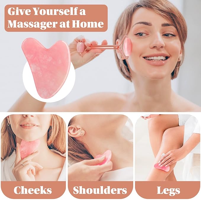 Jade Roller & GuaSha Set-Facial Beauty Roller Skin Care Tools, Rose Quartz Massager for Face, Eyes, Neck, Body to Relieve Wrinkles,Fine Line and Eyepuffiness