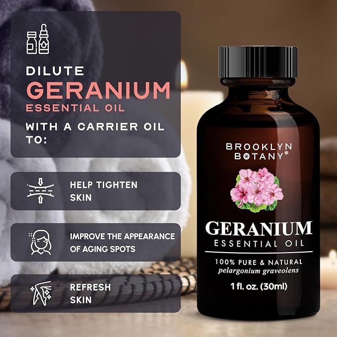 Brooklyn Botany Geranium Essential Oil – 100% Pure and Natural – Premium Grade Oil with Dropper - for Aromatherapy and Diffuser - 1 Fl Oz