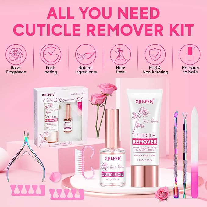 Cuticle Remover Kit - Cuticle Remover Cream & Cuticle Oil, Rose Flavor Cuticle Care Kit with Cuticle Trimmer Cuticle Pusher Cuticle Nipper for Manicure, Removedor de Cuticula for Nail Care