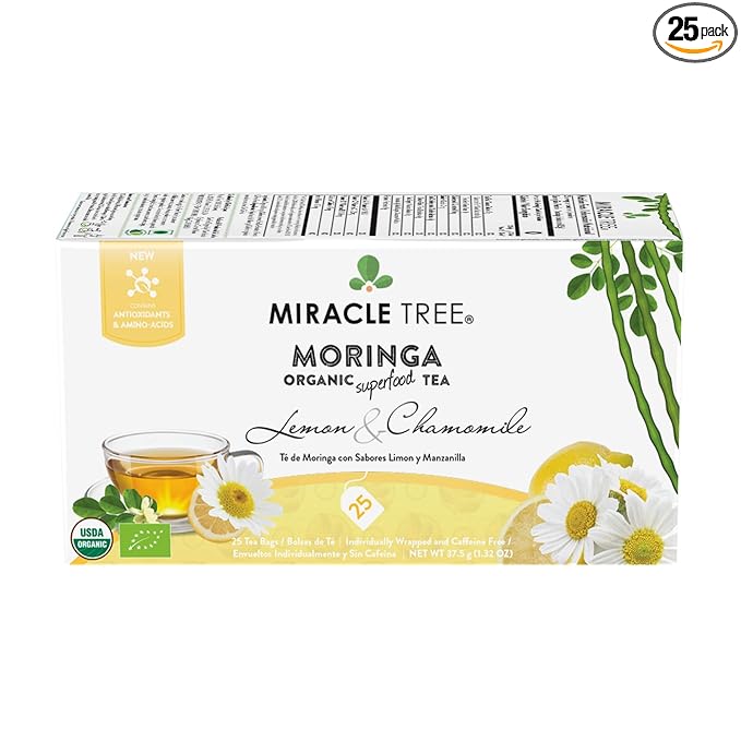 Miracle Tree - Organic Moringa Superfood Tea, 25 Individually Sealed Tea Bags, Lemon Chamomile (Keto, Detox, Energy/Immunity Booster, Vegan, Gluten-Free, Organic, Non-GMO, Caffeine-Free)