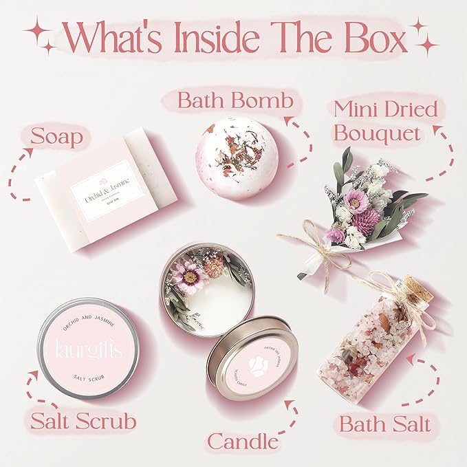 Orchid & Jasmine Spa Gift Baskets for Women – Luxury Birthday Bath Gifts for Mom, Wife, Sister, Friend - Self-Care and Relaxation Mother’s Day Gifts - Gift Baskets for Her for All Occasions