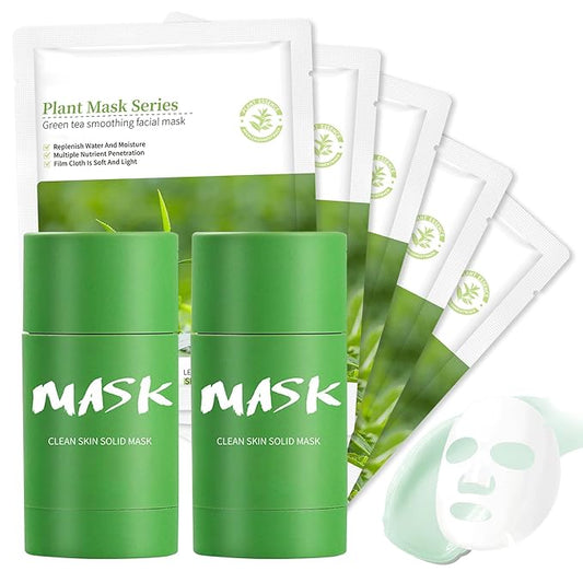 5PCS Green Tea Face Sheet Masks Set, 2PCS Oil Control Long Lasting Moisturizing Blackhead Remover Facial Mask Clay Stick, Deep Pore Cleansing Face Mask Skin Care for All Skin Types（7PCS）