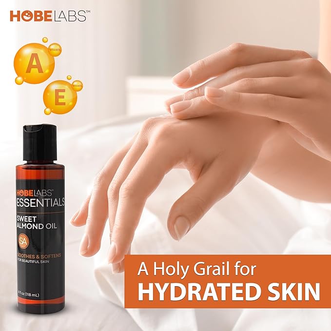 Hobe Labs Sweet Almond Oil, 4 oz - Skin Soothing Properties, Effective Emollient, Improves Skin Health, Fights Puffiness and Dark Circles, Non-Greasy Formula