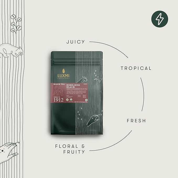 Luxmi Estates - Hibis-Kiss - Organic Hibiscus Tea - 50 Tea Bags | With Hibiscus, Strawberry, Organic Black Tea and Other Natural Extracts | Juicy, Triopical and Fresh