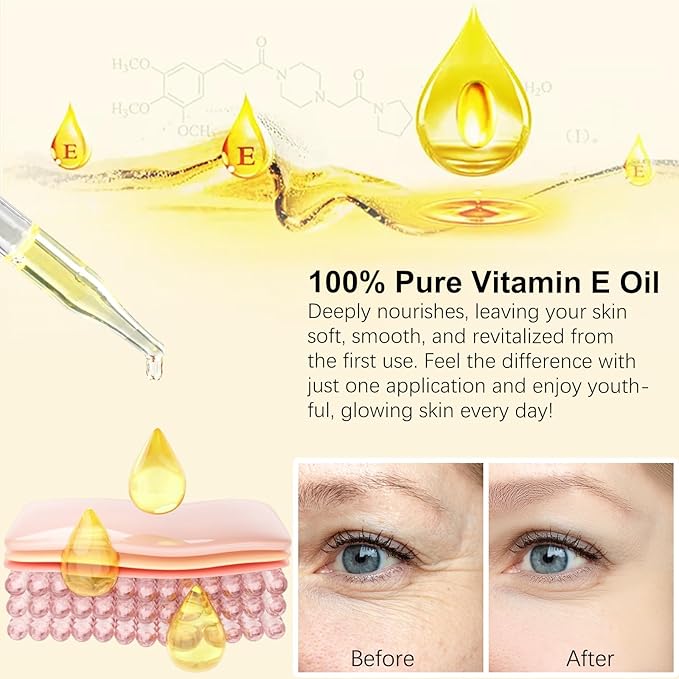 Pure Vitamin E Oil, 60ML Natural Organic Vitamin E Oil for Skin, Face and Scars, Body Massage Moisturizing Dry Skin, Nourish Hair and Scalp, 2 fl.oz