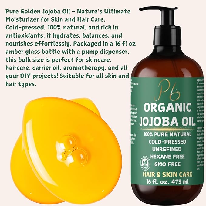 Organic Jojoba Oil– 100% Pure, Cold-Pressed, Unrefined & Hexane-Free – Golden Jojoba Oil for Face, Body, Hair & Nails – Supports Hair Growth, Anti-Aging & Wrinkle Reduction – 16 fl oz Glass Bottle