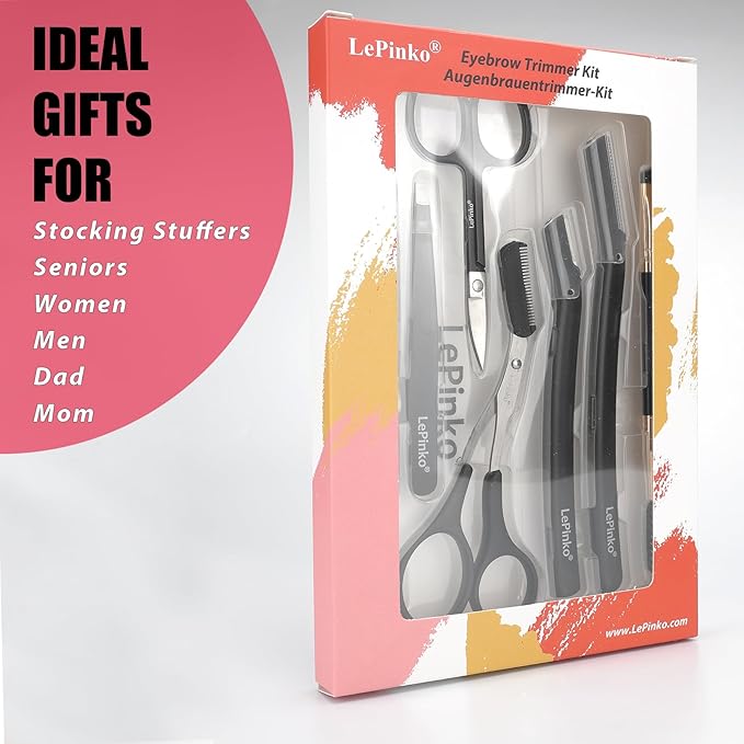 Eyebrow Trimmer Kit, 7 in 1 Eyebrow Scissors, Tweezer, Razor, Gromming Scissors Brush for Women Men, Gifts for Stocking Stuffers - Black