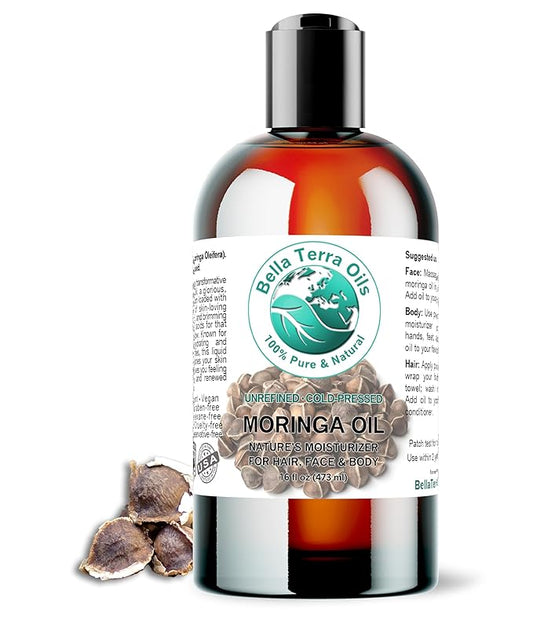 Bella Terra Oils - Organic Moringa Oil 16 oz - Cold-Pressed Mastery, Packed with Vitamins & Antioxidants, Impeccable for Natural Skin Nourishment