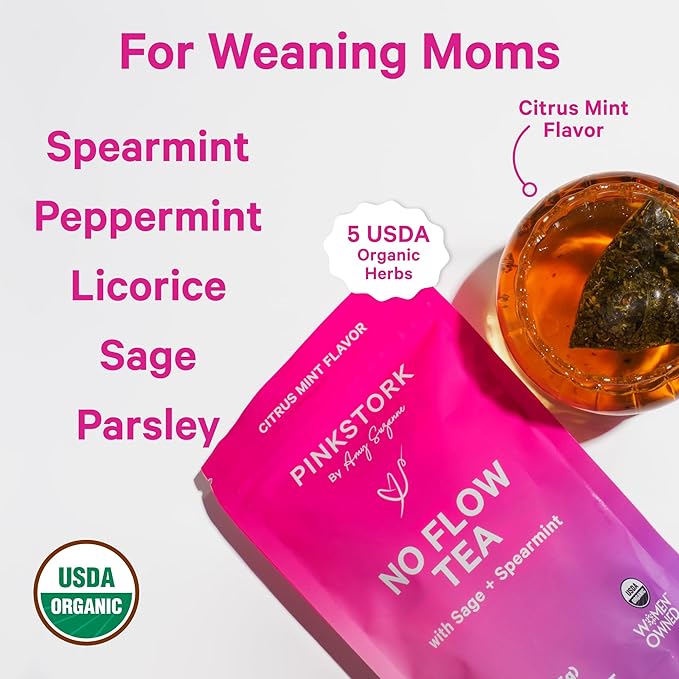 Pink Stork No Flow Tea, Organic Sage Tea to Help Dry Up Breast Milk Supply, Stop Breastfeeding and Wean Lactation Naturally, Postpartum Essentials - 30 Cups