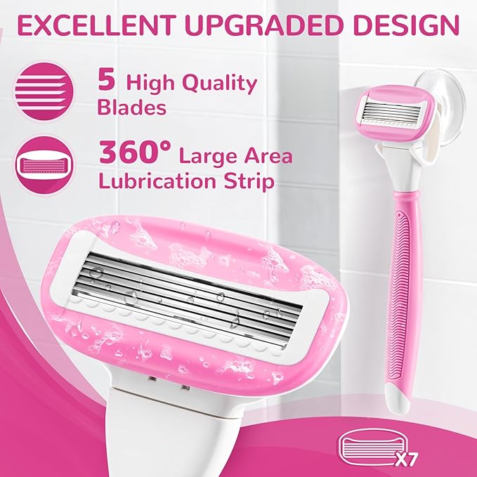 DreamGenius Razors for Women Include 1 Non-Slip Handles and 7 Blade Refills with a Shower Holder, 5 Premium Blades Women's Razors for Shaving with 360° Lubrication Reduces Irritation, Pink