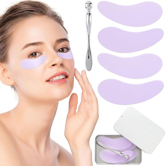 Joez Wonderful Under Eye Patches 2 Pairs, Silicone Reusable Eye Patches, Under Eye Mask for Skin Care Effect to Reduce Wrinkles & Fine Lines, with Metal Eye Cream Applicator, Tin Case (Purple)