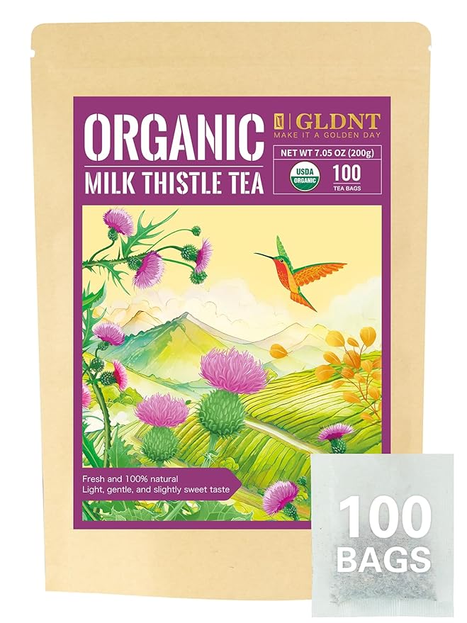 GLDNT Organic Milk Thistle Tea, Natural Organic Milk Thistle Seed Herbal Tea, Mild & Mellow Taste, Caffeine Free, 100 Count